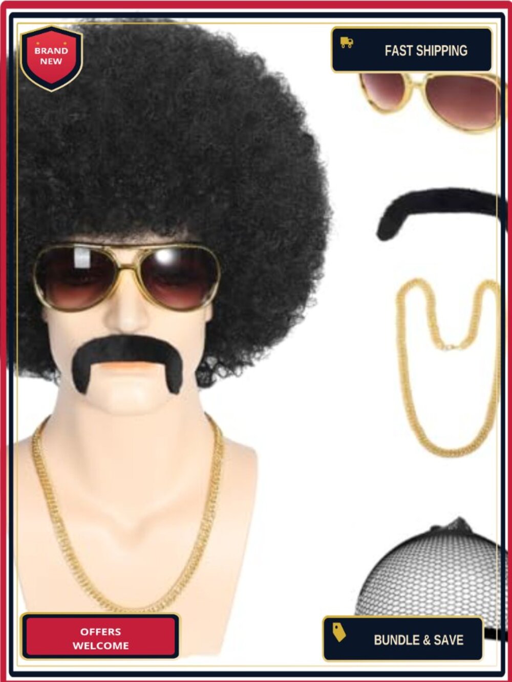 Mens Afro Wig 5pc Set Disco Costume with Glasses Necklace Mustache & Cap